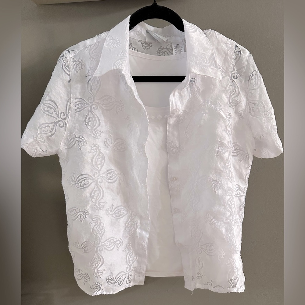Alfred Dunner White Notched Collar Button Down Blouse
